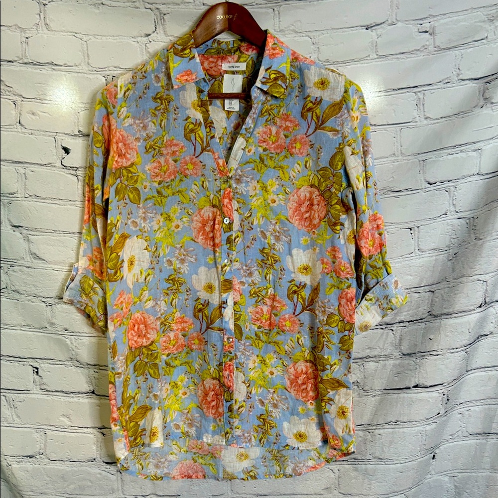 Joie Light Blue Floral Linen Long Sleeve Button-Up Blouse Size Small